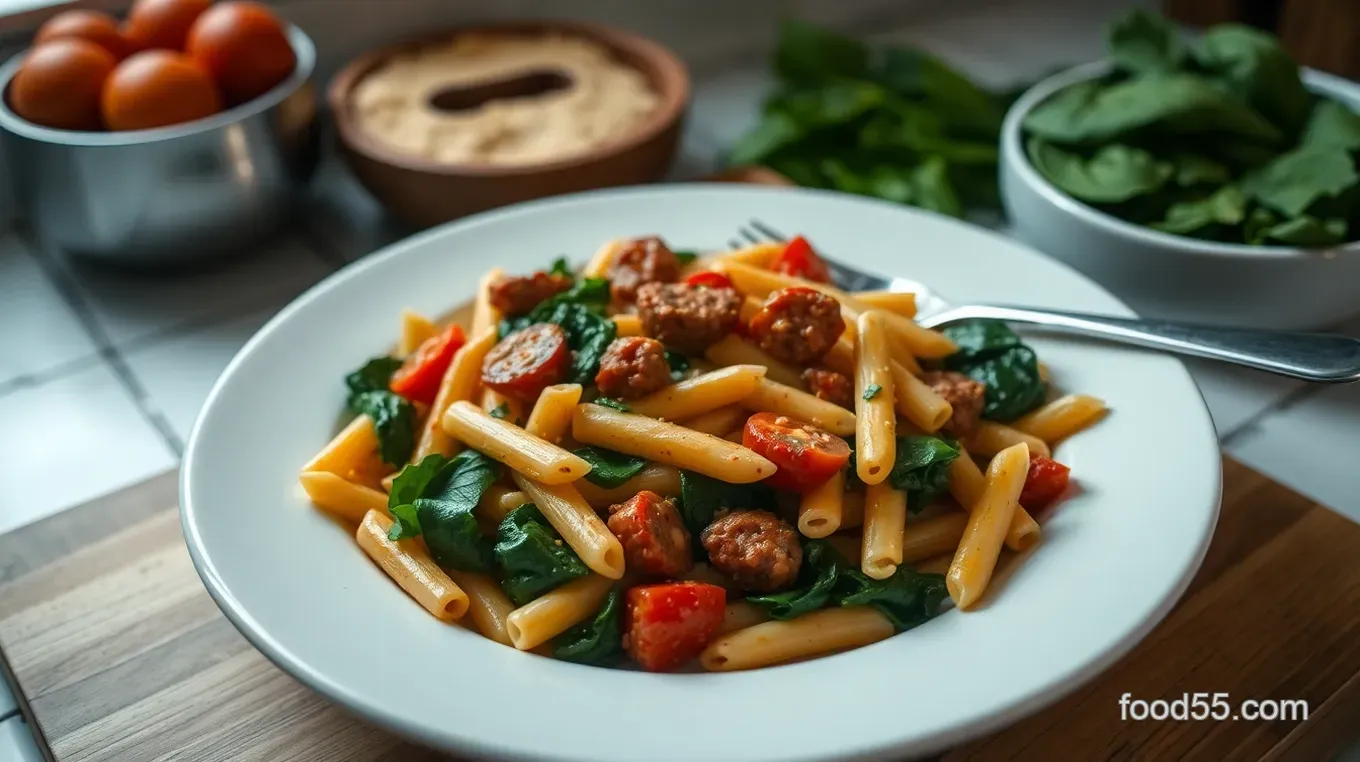 A Cozy Sizzling Sausage Penne: Your Go-To Weeknight Dinner Sizzling Sausage Penne with Spinach and Cherry Tomatoes
