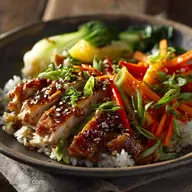 Chicken over Rice with Fresh Vegetables Sticky Ginger-Soy Glaze