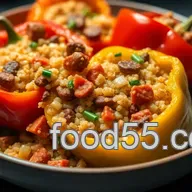Spicy Fiesta stuffed bell pepper recipe: Chorizo & Quinoa!