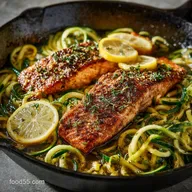 Crispy Skillet Lemon Garlic Butter Salmon with Zucchini Noodles