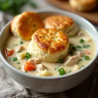 Creamy Chicken Pot Pie Soup with Flaky Biscuit Toppers