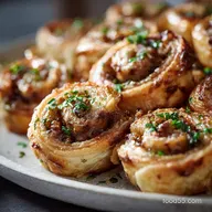 Party Appetizer Elegant Sausage and Onion Pinwheels in Puff Pastry