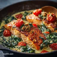Tuscan Garlic Salmon with Spinach and Tomato Creamy Skillet Dinner