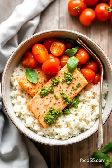 Pesto-Coated Salmon and Rice Bowls presentation