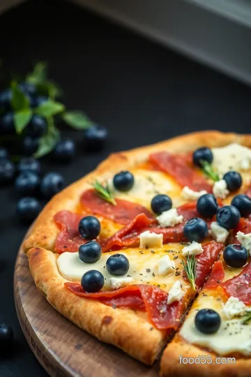 Savory Blueberry Pizza with Prosciutto and Gorgonzola presentation