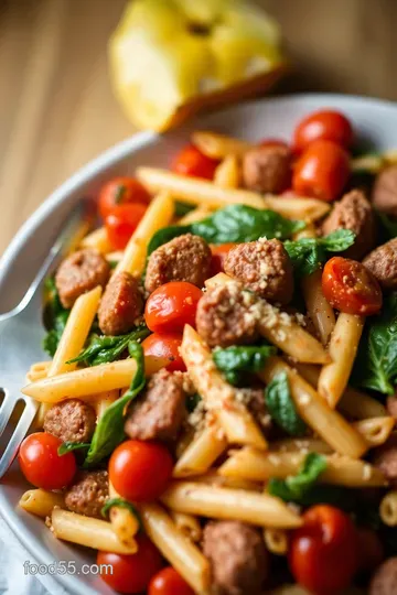 Sizzling Sausage Penne with Spinach and Cherry Tomatoes presentation