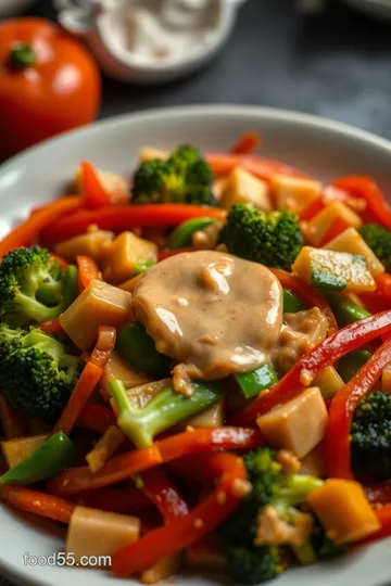 Vibrant Vegetable Stir-Fry with Peanut Sauce presentation