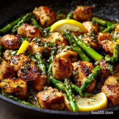 30Minute Garlic Butter Chicken Bites with Lemon Asparagus Recipe Card