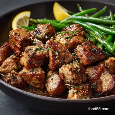 Garlic Butter Pork Bites with Lemon Green Beans Quick 30Min Dinner Recipe Card