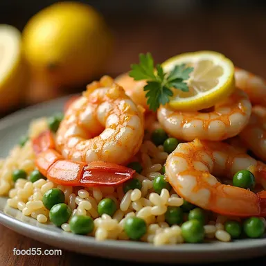 Easy Juicy 30Minute Shrimp Peas and Rice Garlic Lemon Skillet Recipe Card