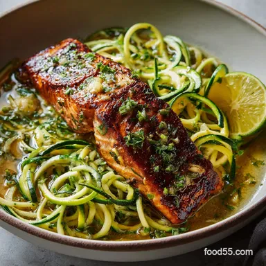 Crispy Skin Lemon Garlic Butter Salmon with Zucchini Noodles 30 Min Recipe Card