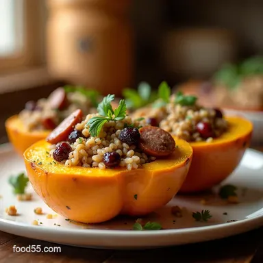 Autumn Stuffed Butternut Squash Sausage Wild Rice Cranberries Recipe Card