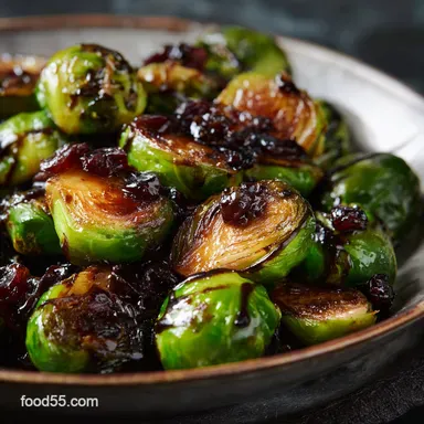 balsamic honey glazed brussels sprouts and sweet p Sticky Roasted Side Recipe Card