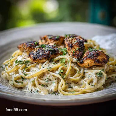 Creamy Blackened Chicken Alfredo Pasta for 4 Servings Recipe Card