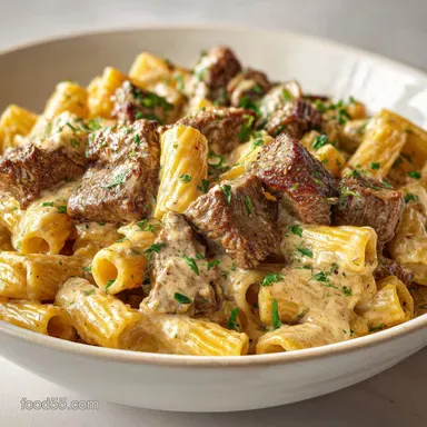 Cajun Steak Tips in Cheesy Rigatoni Parmesan Sauce with Garlic - Bold Flavor Recipe Card