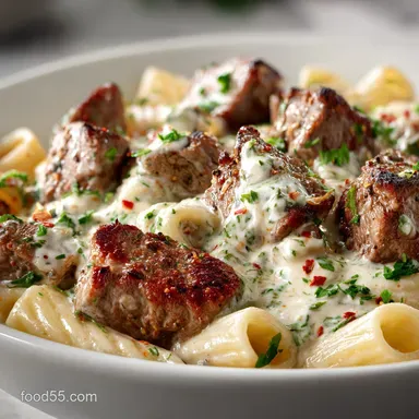 Cajun Steak Tips in Cheesy Rigatoni Parmesan Sauce with Garlic - Bold Flavor