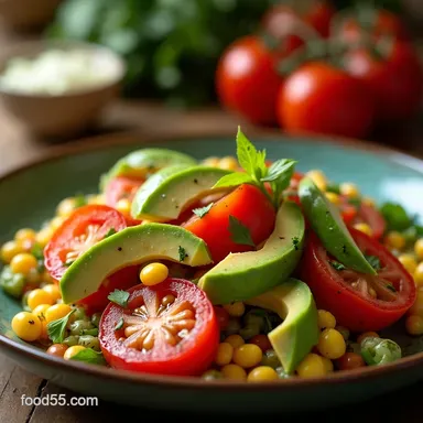 Best Charred Corn Avocado Tomato Salad Recipe Easy Summer Side Recipe Card