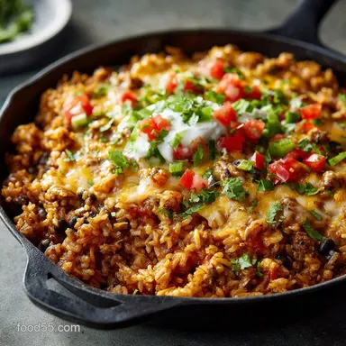 Cheesy Mexican Rice Skillet: The ultimate one-pan weeknight dinner. Recipe Card