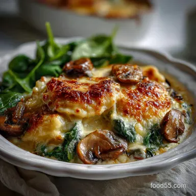 Cheesy Mushroom Ravioli Casserole with Spinach: 40-Min Bake Recipe Card