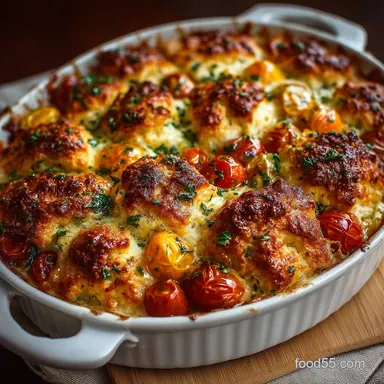 The Ultimate Cheesy Tomato Biscuit Casserole with Cheddar Tops Recipe Card