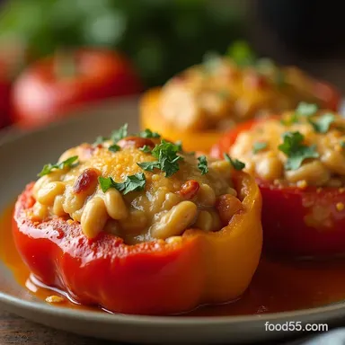 Mediterranean Chicken Stuffed Peppers with Creamy White Beans Recipe Card