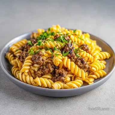 Creamy Beef and Rotini in Garlic for 4 Servings Recipe Card