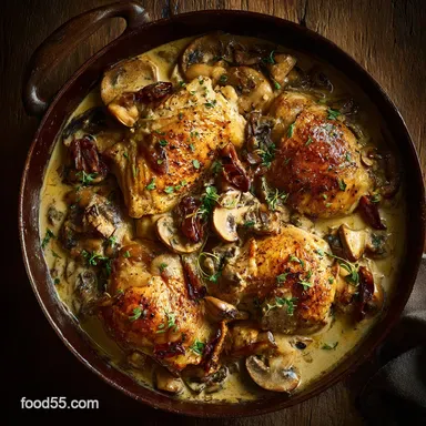 Dijon chicken with mushrooms: Creamy Coq au Moutarde Supper Recipe Card