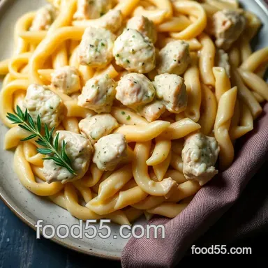 Delicious Recipes Using Frozen Chicken Breasts: Creamy Garlic Chicken Pasta Recipe Card