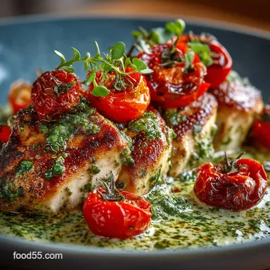 Silky Creamy Pesto Chicken with Burst Roasted Tomatoes 40 Minutes Recipe Card