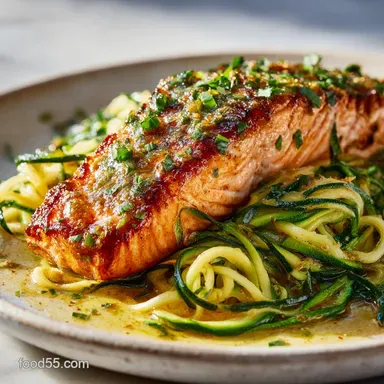 Speedy CrispySkinned Lemon Garlic Butter Salmon with Zucchini Noodles Recipe Card