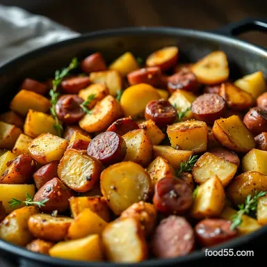 One Pan Roasted Potatoes Sausage Crispy Easy Weeknight Meal Recipe Card