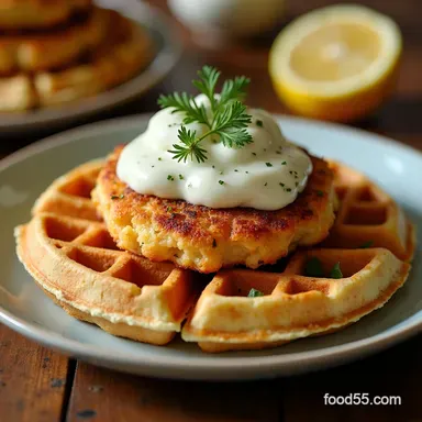 Crispy Waffles Salmon Cakes with LemonDill Aioli My GoTo Brunch Recipe Card