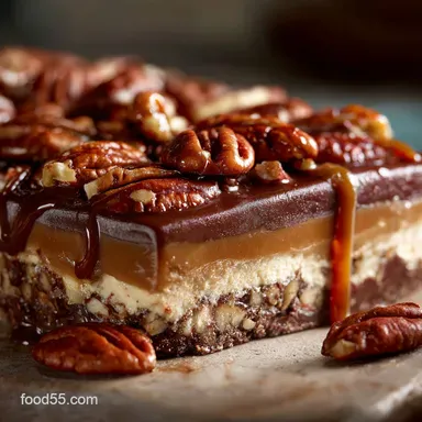 The Ultimate NoBake Turtle Lush Chocolate Caramel Pecan Delight Recipe Card