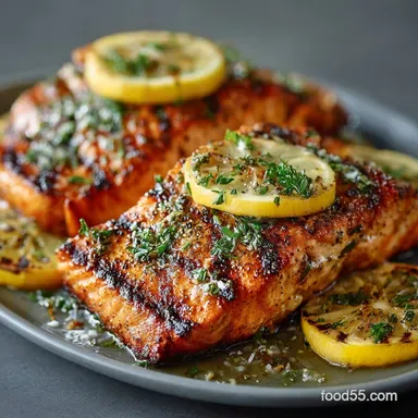 Sunshine LemonHerb Grilled Salmon Recipe Flaky Easy Char Recipe Card