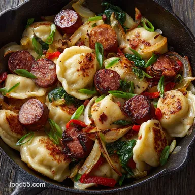 Perogies and Sausage Skillet: Easy One-Pan Smoked Sausage Dinner Recipe Card