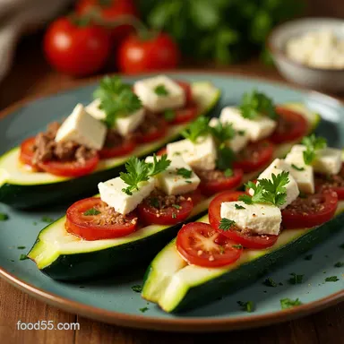 What to make with a Giant Zucchini Mediterranean Beef Feta Boats Recipe Card
