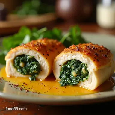 Golden Spinach Stuffed Chicken Breasts Easy Juicy Cheesy Recipe Card