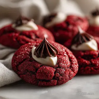 Easy Hershey's Red Velvet Blossom Cookie with Chocolate Kisses | Festive & Flavorful Recipe Card
