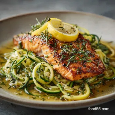 25Min Easy Lemon Garlic Butter Salmon with Zucchini Noodles Recipe Card
