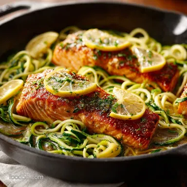 Crispy Skillet Lemon Garlic Butter Salmon with Zucchini Noodles Recipe Card