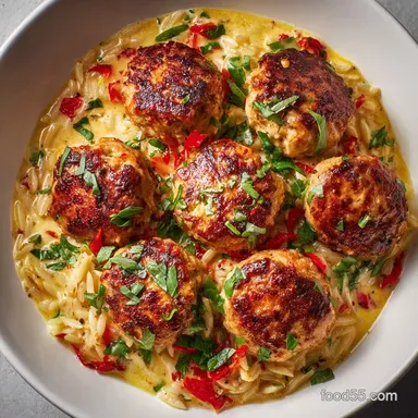 Chicken Meatballs with Orzo: Zesty, Creamy One-Pan Dinner Recipe Card