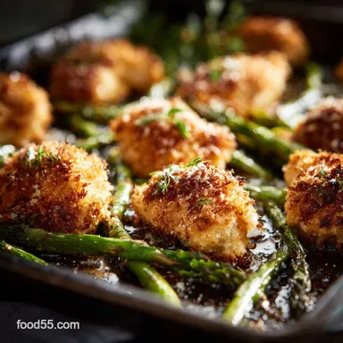 Crispy Parmesan Baked Chicken Bites with Asparagus Sheet Pan Dinner Recipe Card
