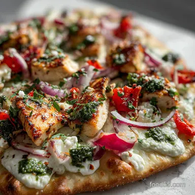 Homemade Mediterranean Chicken Flatbread Pizza in 20 Minutes Recipe Card