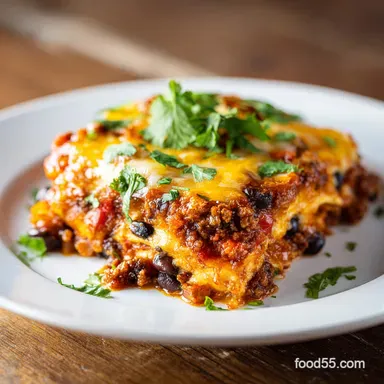 Mexican Lasagna with Ground Beef Baked for 40 Minutes Recipe Card