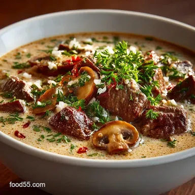 The Ultimate OnePot Speedy Beef Stroganoff Soup Recipe Recipe Card