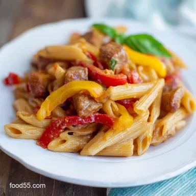 Penne Rigate Recipes Sausage Peppers with a Creamy Twist Recipe Card