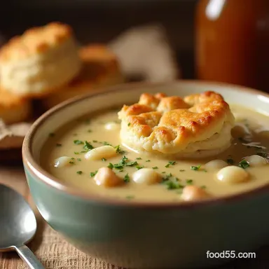Creamy Chicken Pot Pie Soup with Flaky Biscuit Toppers Recipe Card
