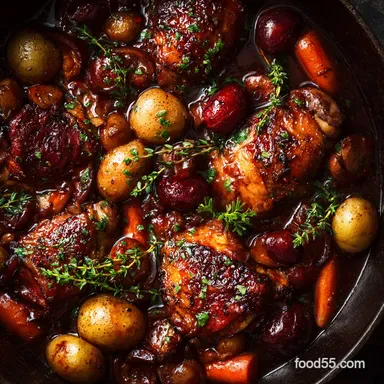 Coq Au Vin Classic French Stew with Red Wine Braised Chicken Recipe Card