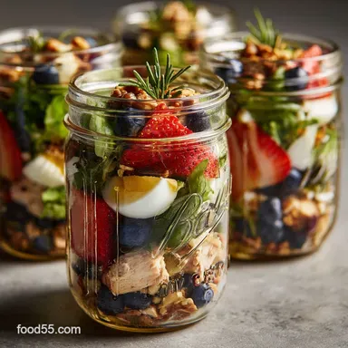 Foolproof Red White and Blue Mason Jar Salad Meal Prep Ready Recipe Card