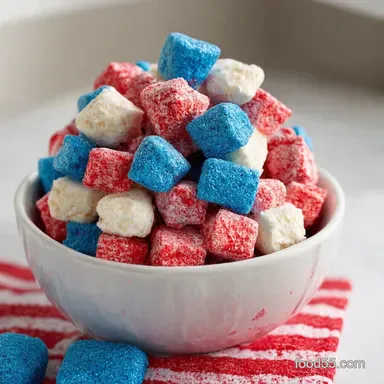 Red White and Blue Muddy Buddies My GoTo 4th of July Treat Recipe Card